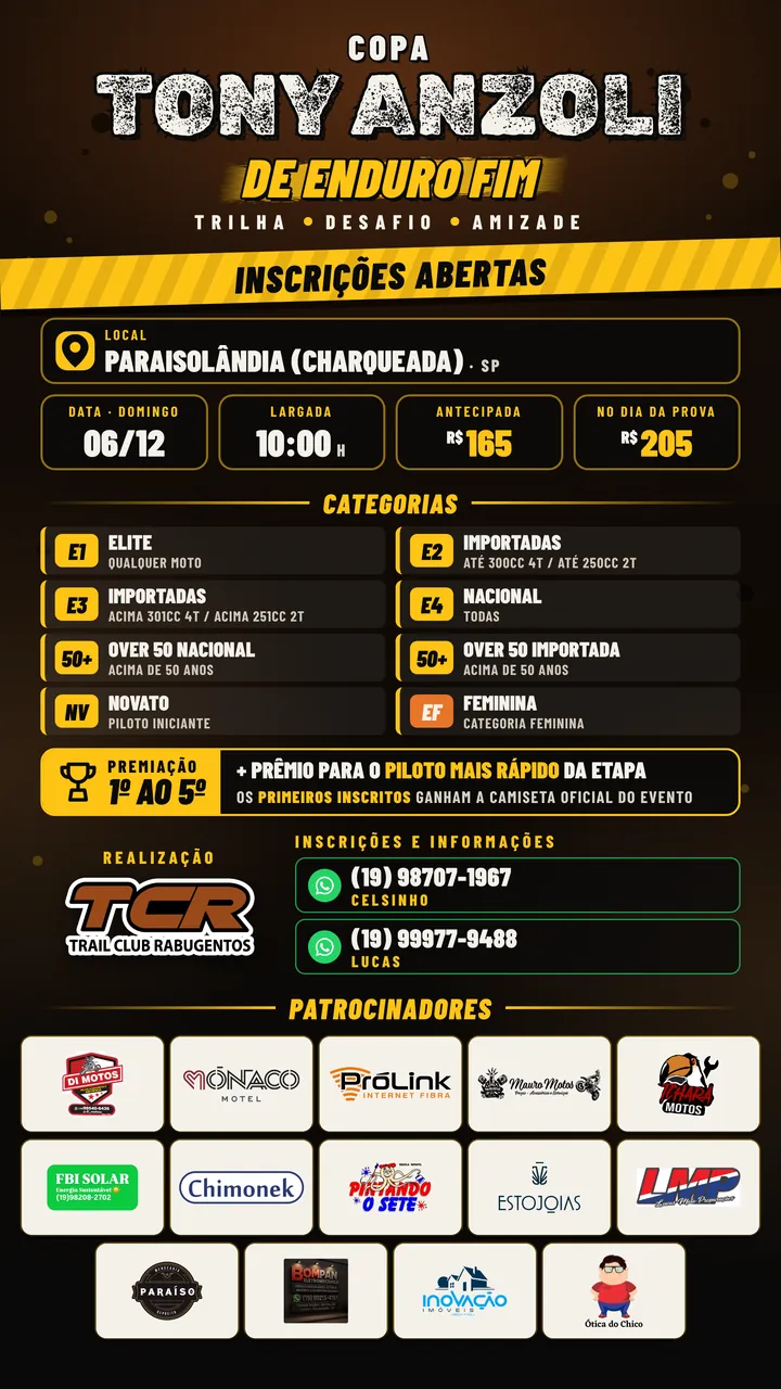 Flyer da 1ª etapa: 06/12, Paraisolândia, largada às 10:00, categorias, premiação e patrocinadores